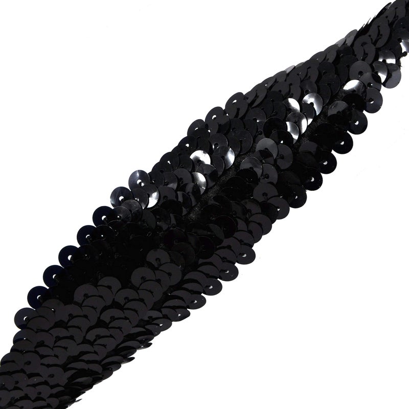 Mandala Crafts Elastic Sequin Ribbon Trim - 1.5 Inch Black Sequin Elastic Trim for Sewing Dress Headband - 10 Yards Fabric Metallic Stretch Sequins Band - Image 2